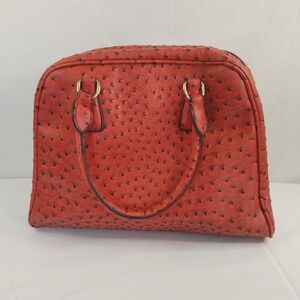 Red Faux Ostrich Leather Satchel Frame Bag Structured Top Handle Vintage Style